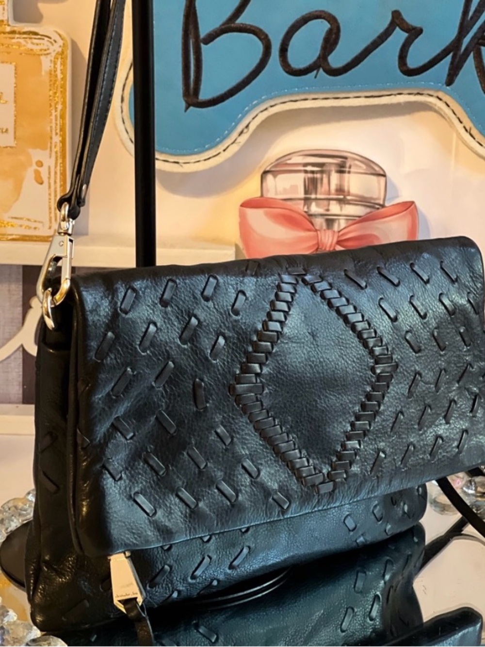Christopher Kon Woven Black Leather Fold-Over Wristlet Clutch